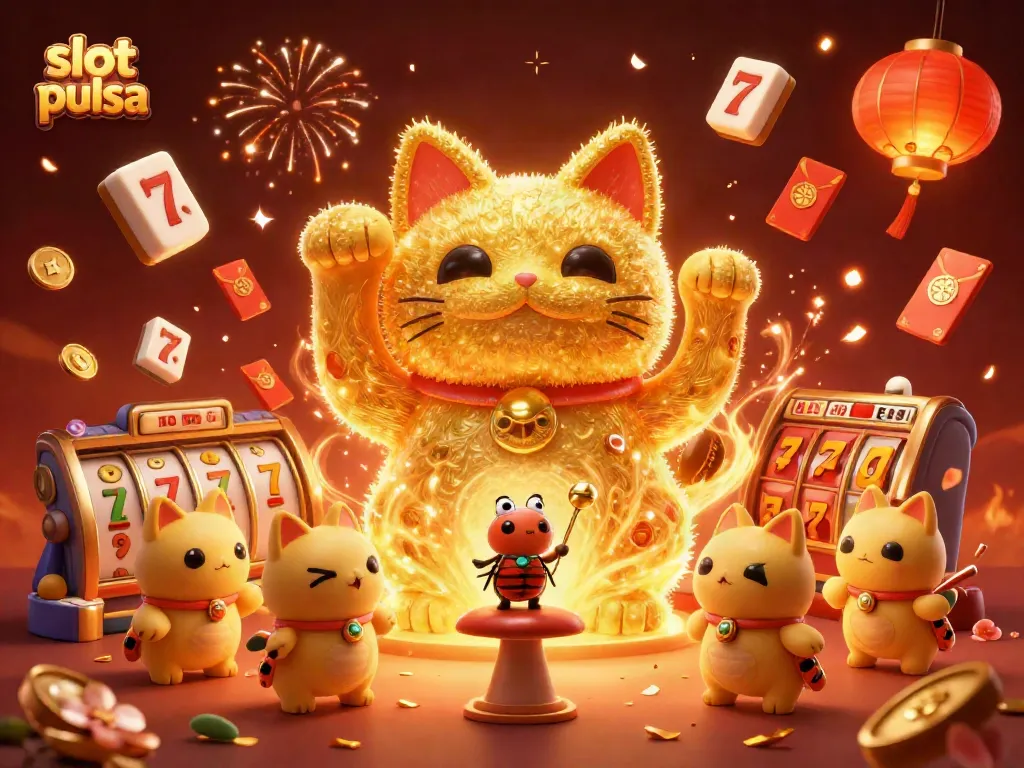 Visualisasikan slot pulsa dengan simbol kasino dan kucing keberuntungan yang dinamis