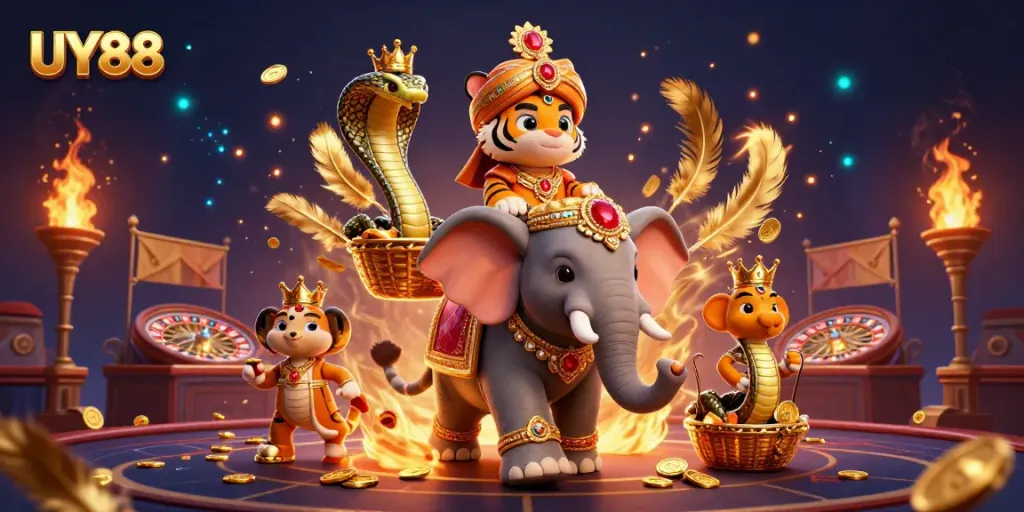 Experience exhilarating gameplay with UY88, as a regal maharaja tiger and his entourage enhance the casino atmosphere.