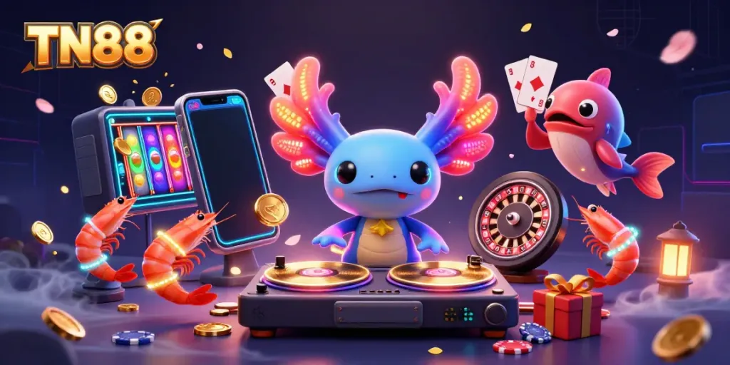 Join the vibrant TN88 casino scene with a neon axolotl DJ spinning slots and colorful elements.