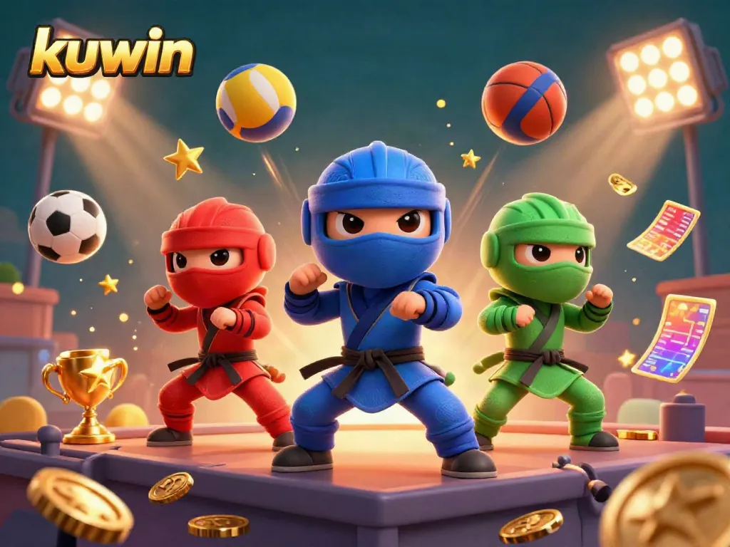 Kuwin showcases a dynamic combat scene with colorful ninja chameleons amidst a vibrant casino-themed environment, highlighting action-packed gambling elements.
