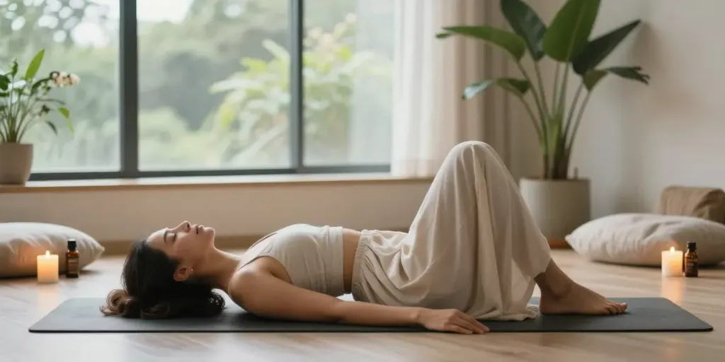 Woman practicing yoga to awaken sexual energy and holistic well-being in a serene space.