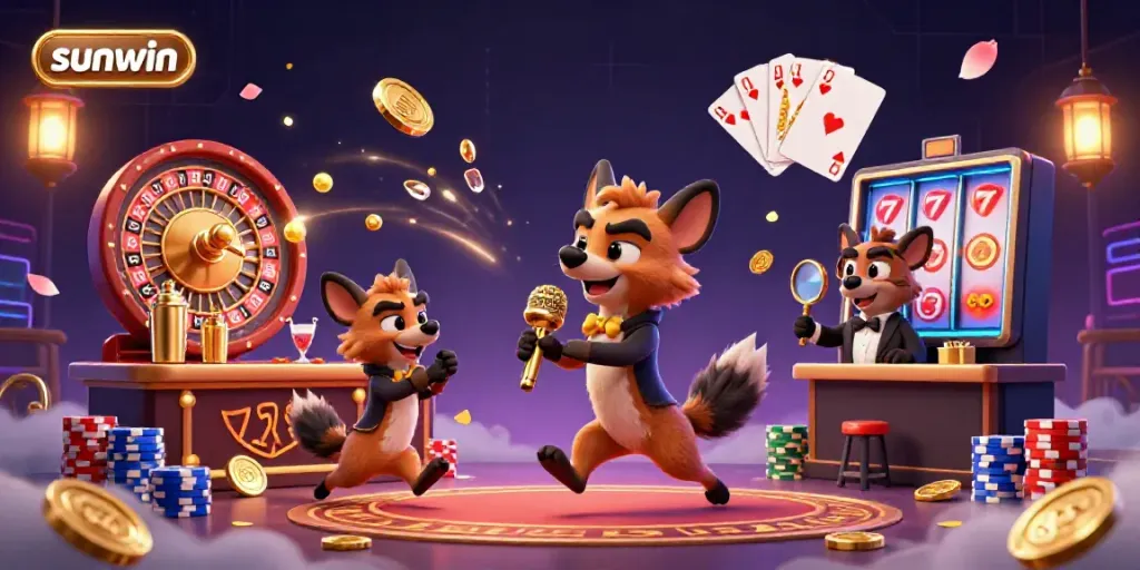 Experience the excitement of sunwin in this vibrant casino scene featuring hyenas engaged in fun activities.