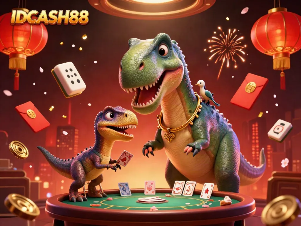 Experience thrilling gameplay at IDCASH88 with a towering brontosaurus overseeing an exciting casino scene.