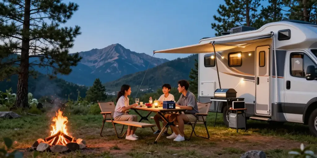 Family camping with 12v batteries powering RV appliances in a scenic outdoor setting