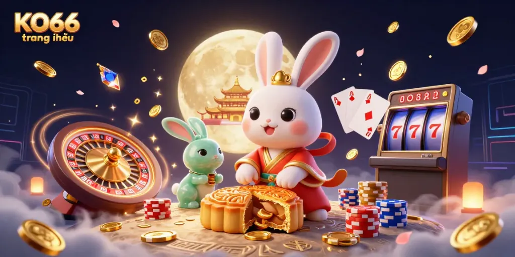 Experience the thrill at KO66 trang chủ with a 3D moon rabbit cracking open mooncakes for poker chips amidst golden casino elements.