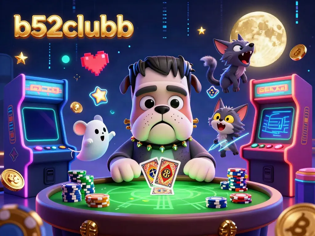 b52clubb's lively casino scene with animated characters engaging in card games amidst glowing classics.