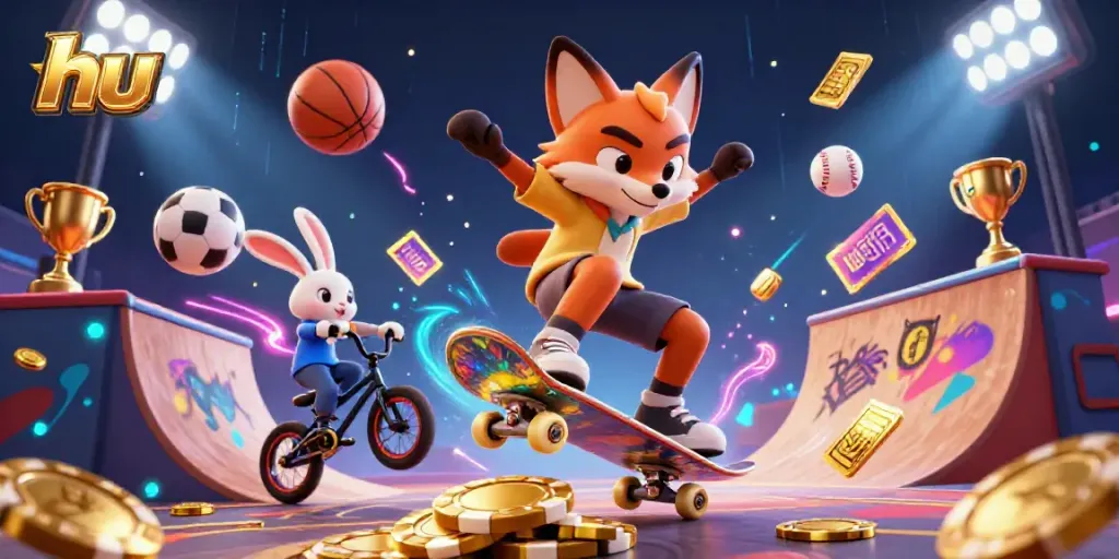 Engage in thrilling gameplay with hu's vibrant 3D casino scene, featuring dynamic characters and lively sports elements.