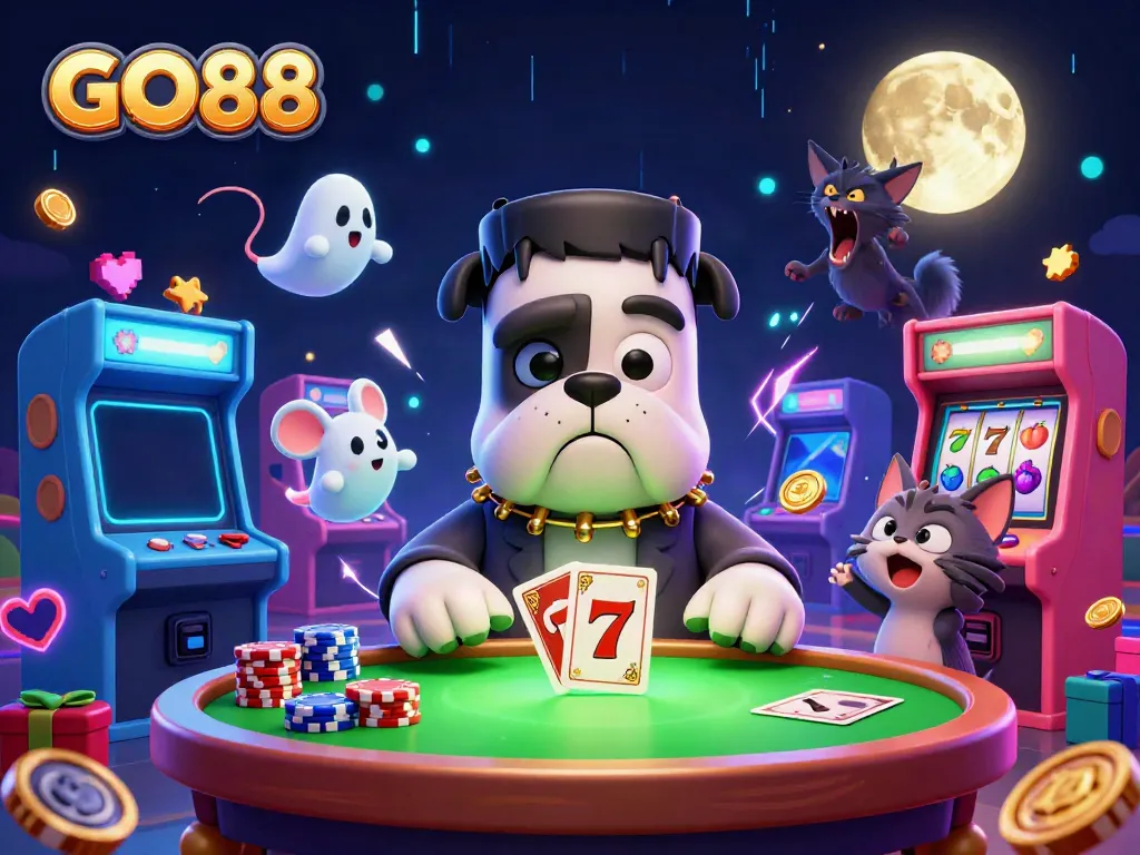 Engage with GO88 in this lively 3D casino scene featuring vibrant gaming elements and characters.