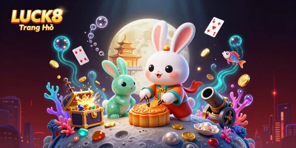 Engage with LUCK8 Trang Chủ through a vibrant 3D illustration showcasing lively casino elements amidst a whimsical lunar scene.