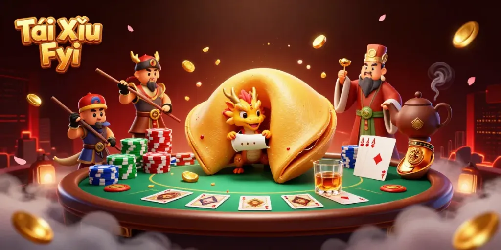 Tài Xỉu Fyi showcases a vibrant 3D scene with a fortune cookie, wise dragon, and poker elements.