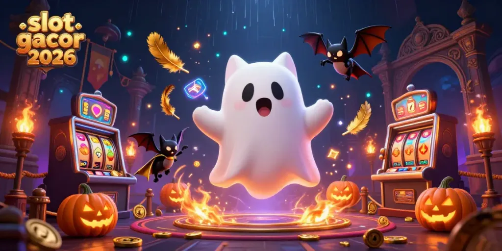 Ilustrasi slot gacor 2026 dengan kucing hantu dan kelelawar di kasino menyeramkan, simbol buah dan koin berserakan.