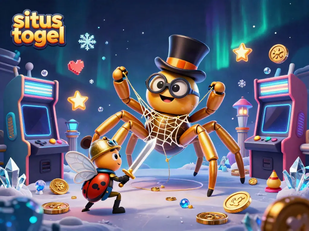 Engage with situs togel as a giant golden tarantula weaves a golden web in a vibrant casino scene.