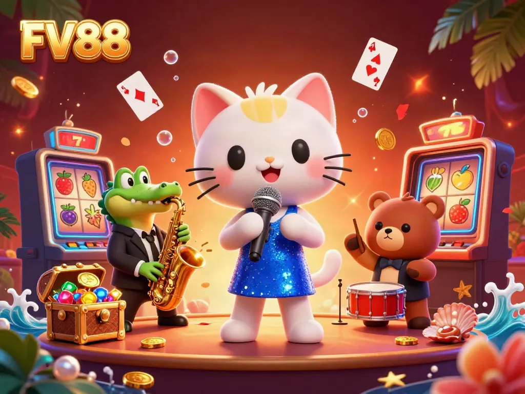 Experience the vibrant casino atmosphere with FV88, featuring a musical cat, a saxophone crocodile, and a playful bear cub.