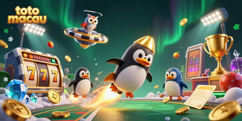 Mengambil data toto macau hari ini, ilustrasi 3D penguin emas dengan latar belakang kasino, penuh tekanan hadiah.