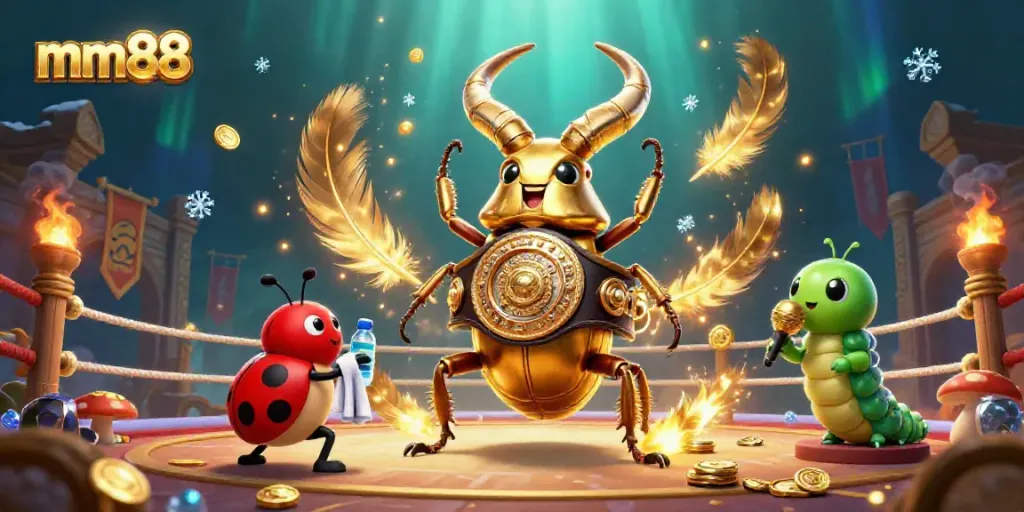 Engage in thrilling gameplay at mm88 with a vibrant 3D illustration of a boxing beetle and gaming elements.
