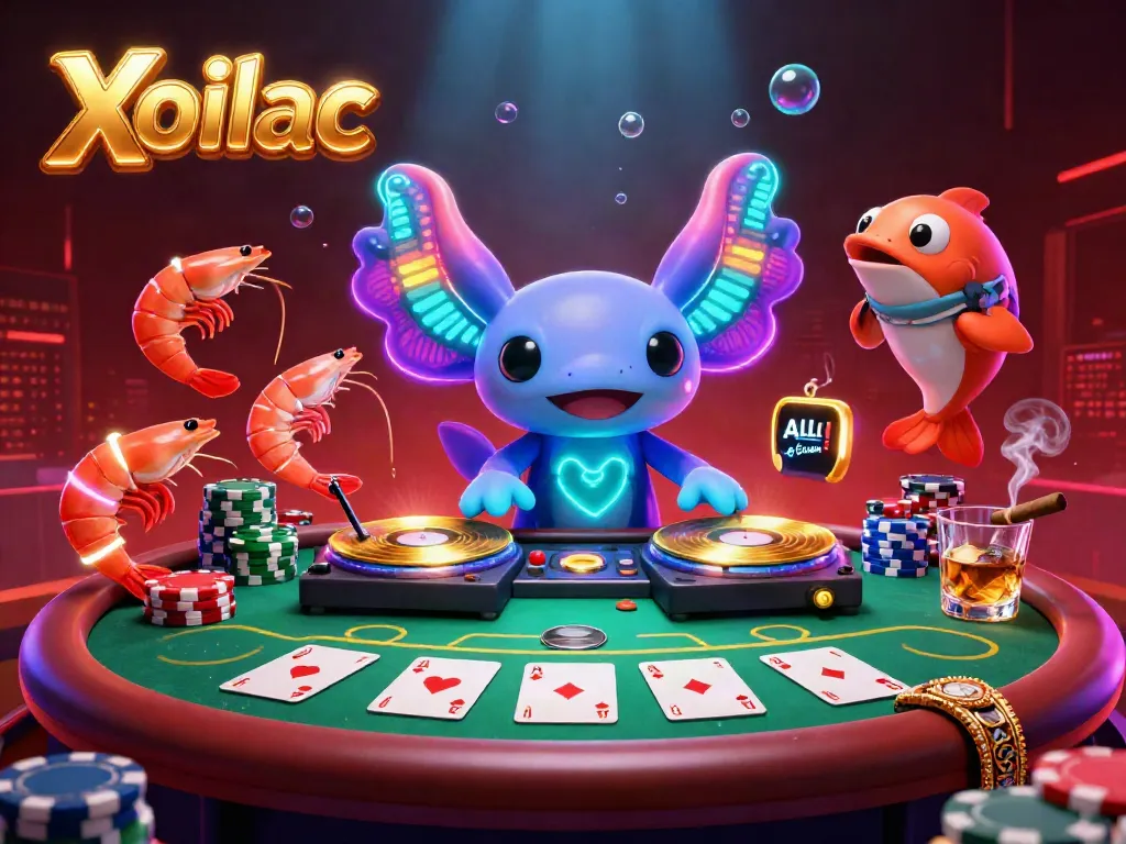 Experience thrilling poker action as Xoilac’s dynamic axolotl DJ and crew create a vibrant casino atmosphere.