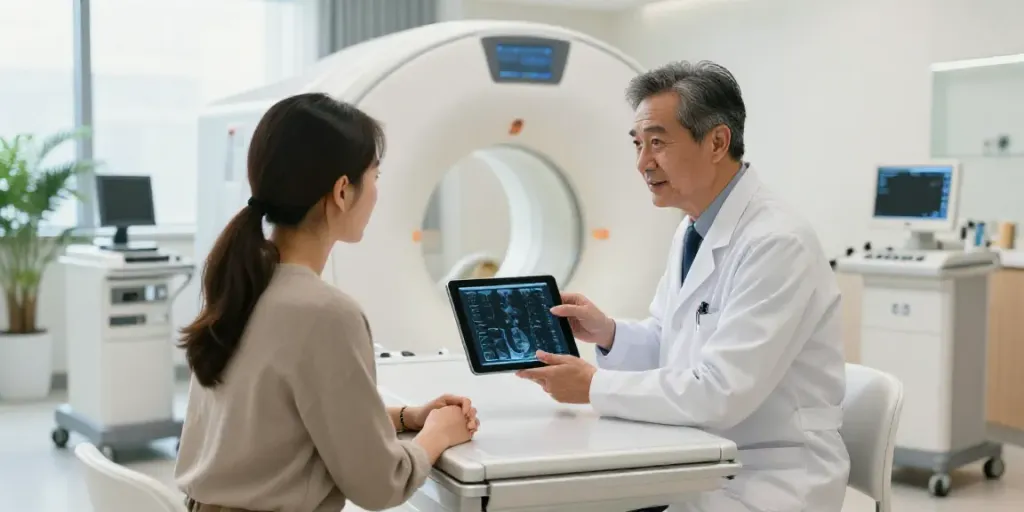 Beratung im Diagnostikzentrum Radiologie Wolfsburg mit Arzt und Patientin.