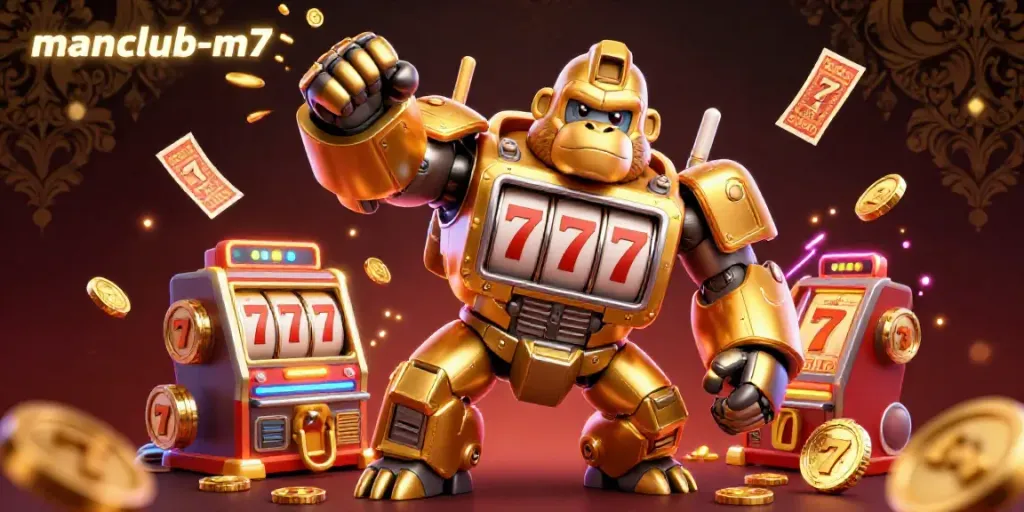 Experience thrilling wins with manclub-m7’s dynamic 3D illustration featuring a golden gorilla mech.