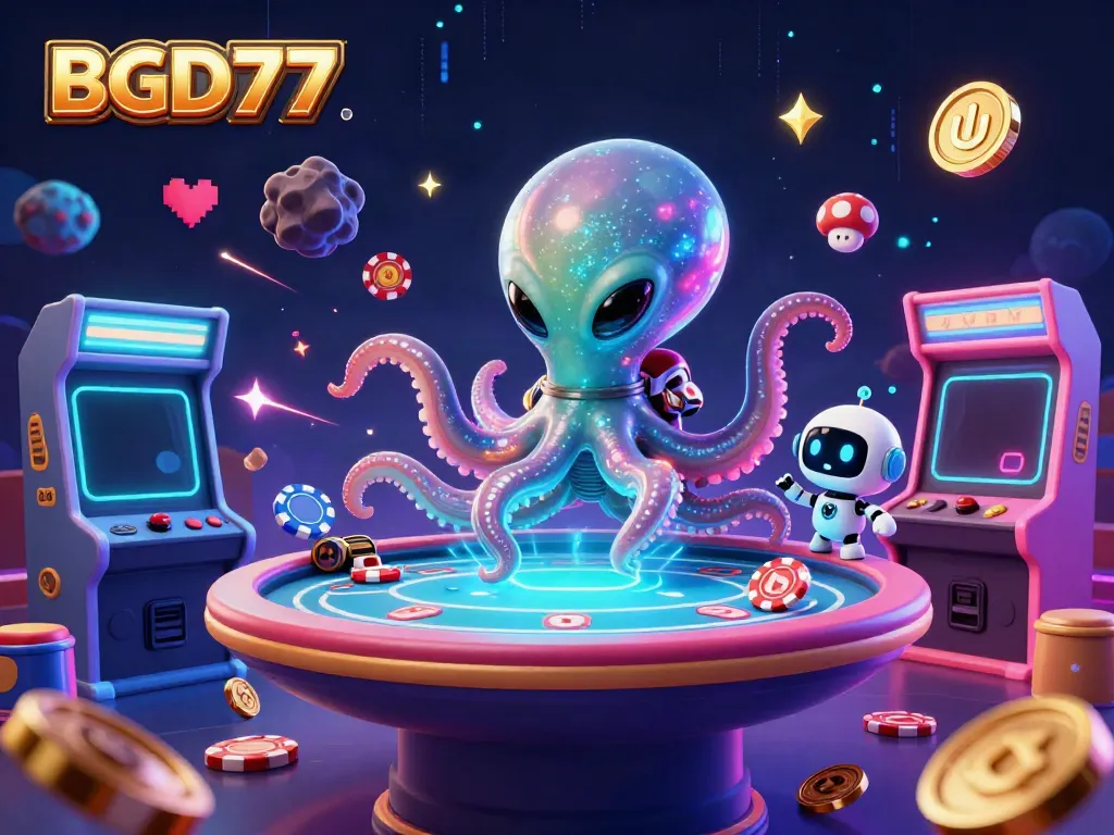 BGD77 showcases a vibrant alien octopus managing a holographic poker table amidst a neon-lit casino atmosphere.