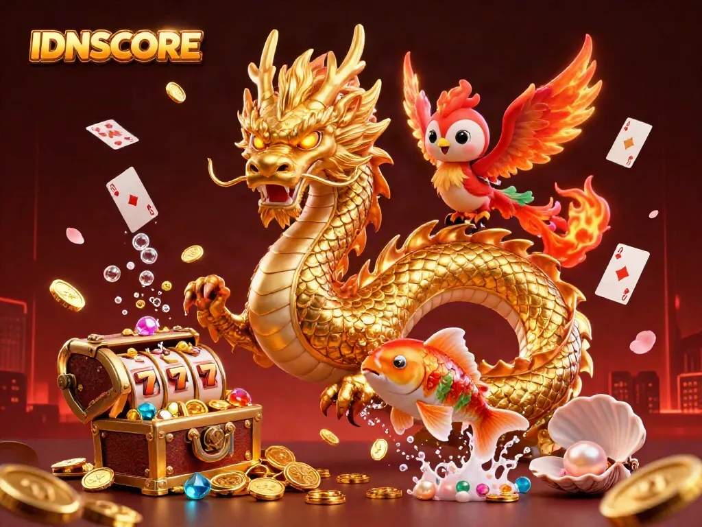 IDNSCORE showcases a fierce dragon, phoenix, and koi fish amidst slot machines and gold coins.