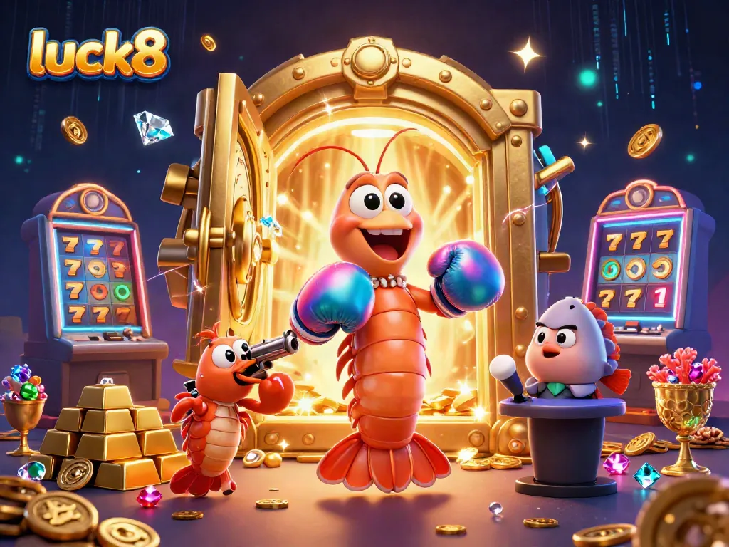 Experience luck8's thrilling casino atmosphere with vibrant slot machine action and dynamic characters.